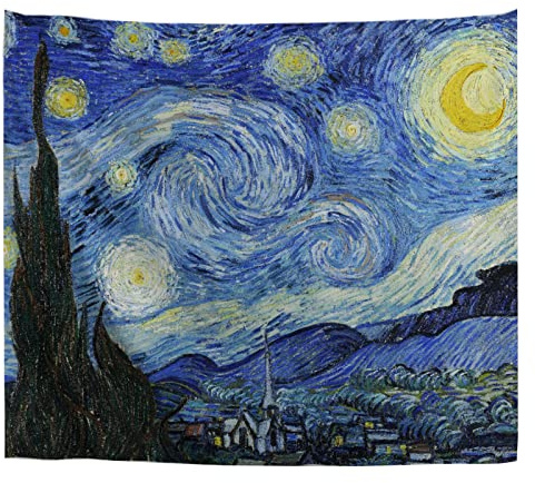 A.Monamour Wandteppich Die Sternenklare Nacht Von Vincent Van Gogh Gemälde Stoff Tuch Tapisserie Wandbehang Wanddeko Wandkunst Wandbilder Wandtuch für Wohnzimmer Schlafzimmer 153x203cm