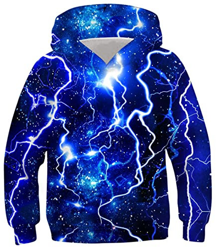Belovecol Kinder Hoodies Jungen Mädchen 3D Cool Hoody Lustiger Pullover Uniform Hoodie Sweatshirt Langarm Pullover mit Zwei Taschen für Teen Blue Lightning 14 15 16 Jahre