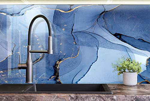 Myphotostation Crédence en verre trempé 90 x 35,6 cm (l x H) – Panneau mural en verre pour salle de bain – Bleu – Motif marbre abstrait