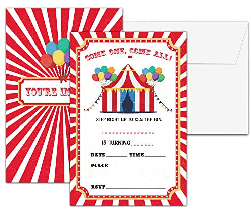 Chuxvon Zirkus Geburtstag Party Einladungen, 20 Kinder Zirkus Geburtstag Party Dekorationen, 20 Karten mit 20 Umschlägen (C06)