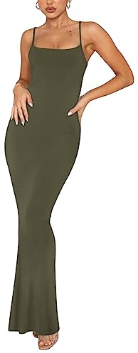 REORIA Damen Sexy Lounge Slip Langes Kleid Elegantes Hochzeitsgast ärmelloses rückenfreies Geripptes figurbetontes Maxikleid Olive Green L