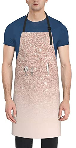 TOMPPY Rose Gold Wallpaper Printed Waterproof Apron, Adjustable Kitchen Apron With Pockets For Home Kitchen Baking Grill Bistro Cooking Apron Women Men, Black, One size