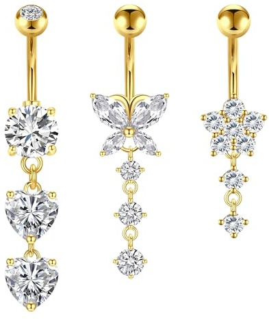 Crdifu Piercing Ombelico Oro 14G 10mm Piercing all'Ombelico Pendente 3 Pz | Piercing all'Ombelico Pendente, Banana Ombelico 1,6mm, Dangle, Farfalla, Cuore & Fiore, per Donna, Acciaio Inossidabile 316L