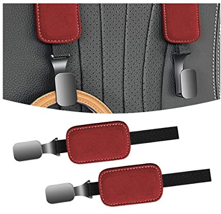 JNNJ 2PCS Auto Rücksitz Kopfstütze Haken, Automotive Lagerung Tasche Haken, Fahrzeug Rücksitz Wildleder Kleiderbügel zum Aufhängen von Taschen Lebensmitteln(Rot)