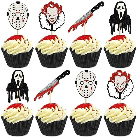 Blumomon 24 Pcs Horror Movie Cupcake Toppers Glitter Horror Ghost Cupcake Picks Killer Birthday Cupcake Picks for Horror Movie Theme Birthday Halloween Party Cake Decorations Supplies