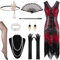 Panngu Robe à Franges à Sequins des Années 20 avec Ensemble d'Accessoires pour Déguisement Charleston et Gatsby Femme.（Rouge）