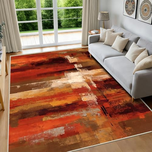 FTCJWL Waschbarer Teppich 180x250cm GroßEr Kurzflor Teppich Moderner Wohnzimmer Bunte Teppiche für Schlafzimmer, Esszimmer (Braun Rot)