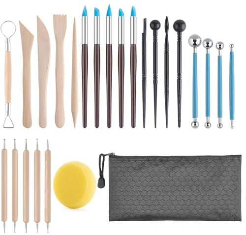 25 Arcilla Herramienta, Herramientas Arcilla Kit con Bolsa, Kit Ceramica, Herramientas de Escultura, Herramientas Ceramica para Principiantes, Herramientas de Talla de Alfareria, Modelado Alfarería