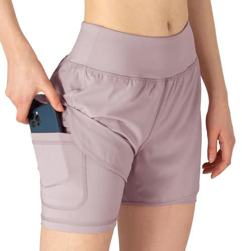 YSENTO Damen Kurze Sporthose 2 in 1 Sportshorts Laufshorts Trainingsshorts Joggingshorts Sommer Atmungsaktiv Gym Shorts(Rosa Lila,M)