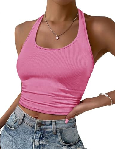 Ekouaer Top Canotta Donna Eleganti Cropped Allacciato al Collo Aperto sul Retro Vita Bassa Slim Fit Maglia Elasticizzata, Rosa, XXL