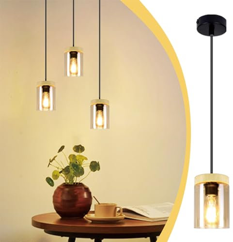 Glitzerlife Pendellampe Esstisch 1 Flammig Holz - 3ER Pendelleuchte Vintage Schwarz Metall mit Glas Lampenschirm Hängelampe E27 Fassung Hängend für Esszimmer Küche Wohnzimmer Schlafzimmer