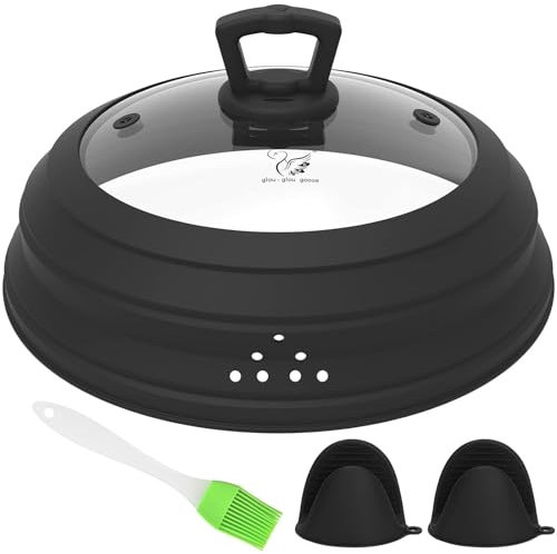 Couvercle anti-éclaboussures en verre pour micro-ondes de 26,7 cm avec poignée - Couvercle pliable en silicone avec grille d'aération pour casserole, assiette et bol (noir)