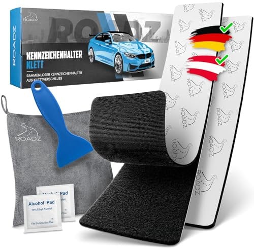 ROADZ® Kennzeichenhalter Klett - BOMBENFESTER Halt - Kennzeichenhalter Rahmenlos - wetterfest für PKW 2er-Set - unsichtbare Kennzeichenhalter für 1 Fahrzeug - Nummernschildhalterung Auto (XL)