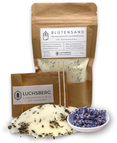 LUCHSBERG® Blütensand | aromatische Blütenkerze selber machen - inklusive Kerzendochte und Kerzensand | DIY Kerzen selbst herstellen | Geschenkset mit nachhaltigen Pflanzenwachs & Lavendelblüten