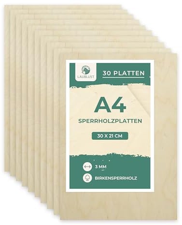LAUBLUST Sperrholzplatte 3mm - Birkensperrholz Dünne Holz-Zuschnitte | Perfektes Blatt zum Malen, kreativen Gestalten, Brandmalerei, Laserschnitt, CNC Router, Durchbrochenes (30, ca. 30 x 21 cm | A4)