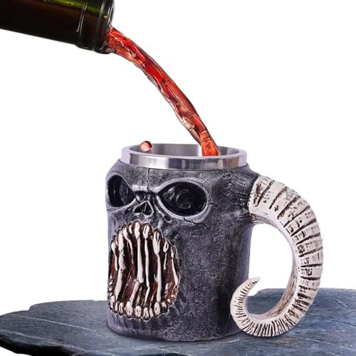 Gothic 3D Edelstahl Totenkopf Tasse, Halloween Gruselige Schädel Tasse Dämon Kaffee Tasse Bierkrug, Mittelalterlicher Schädelbierkrug, Halloween-Bar-Trinkgeschirr, ideal für Bier, Kaffee, Tee und mehr