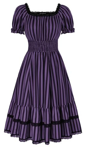 SCARLET DARKNESS Womens Purple Halloween Costume Medieval Steampunk Pirate Dress Vintage Gothic Dress Lace Off The Shoulder Tiered Midi Dress Purple and Black Vertical Stripes S