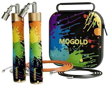 Mogold Weighted Jump Rope for Men Women Fitness Adjustable Length 25mm 1/1.8kg 1/0.9kg Double Ball Bearing Design Ergonomic 25mm Jump Rope for Workout Weight Loss