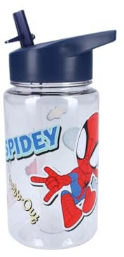 My sweety pop - Trinkflasche Jungen spidey transparent Kunststoff - für Kinder - Kindergarten - Schule - Urlaub - Mahlzeit - 12cm - 450ml - Hydration - Geschenkidee (Spidey - Transparent/Blau)