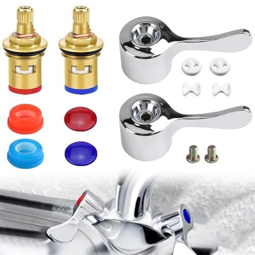 2 Set Replacement Tap Valves, Brass Ceramic Disc Cartridges Insert Set, Quarter Turn Tap Valves Cartridges with Metal Lever Heads Mixer Tap Cartridge Replacement for Sink Taps Kitchen Faucet