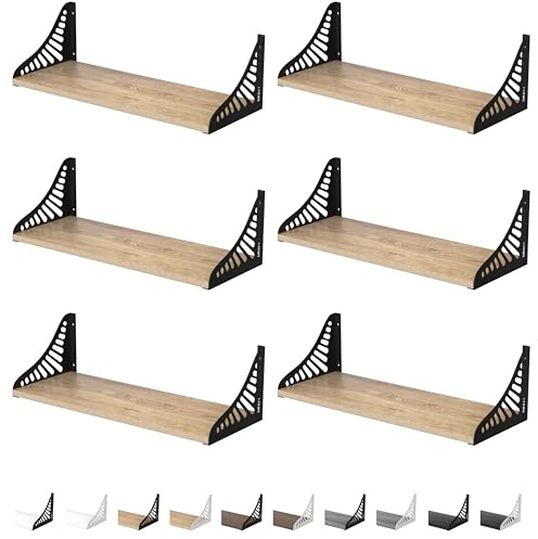 DINIAL Wall Mounted Floating Shelves for Wall Set of 6, Shelf Bookshelf for Bedroom Living Room Office Bathroom Kitchen Rustic Wood with Metal Bracket 04SH-06 (Light Brown/Black Brackets)