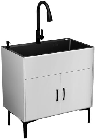 Fregadero Cocina 1 Seno,Mueble Fregadero de Acero Inoxidable,Fregadero Exterior Jardin con Grifo Extraíble y Componentes de Drenaje,Lavadero pila Exterior,Lavabo de Baño,para Restaurante,Comercial(Wit