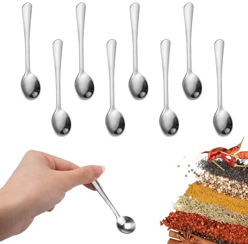 8 Pièces Petites Cuillères en Acier Inoxydable pour Pots à Épices, 9cm Mini Cuillères à Demitasse, Petit Cuillères à Café Expresso Argent,Petite Cuillère à Dessert, pour Sel, Sucre, Miel, Épices