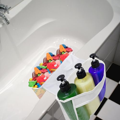 HOMMDECO Dual-Use Bathroom Storage Holder Quick Drying Mesh Toy Organizer Large Opening Easy Access 2 Compartment Saddle Shaped Bathtub Toy Storage Bag (White)