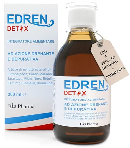 Edren Detox Drenante Forte Dimagrante | Bromelina Forte Drenante con Ortosifon, Tarassaco, Cardo Mariano | Detox Fegato e Intestino per Ritenzione, Cellulite, Gambe Leggere | Gusto Agrumi 300 ml