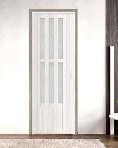 Puerta Plegable Puerta Tipo Acordeón Plisada Blanca con Ventanas de Acrílico Esmerilado. Puerta Retráctil con Panel de PVC para Lavandería. Puerta Individual o Doble, Tamaño Personalizable(100x90in/25