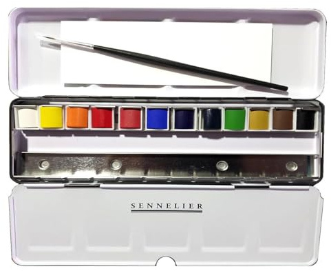Sennelier Peinture Aquarelle 12 Demi-Godets .Boîte en métal et 1 Carte