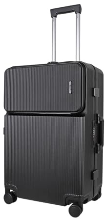 JLY Covestro Polycarbonate Medium Suitcase – Front Lid Hard Shell Check in Luggage with Cup Holder, Bag Hook, Spinner Wheels, Dual TSA Locks & Aluminium Handle – Midnight Black