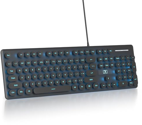 Vumilstek Wired Retro Typewriter Keyboard, American QWERTY Quiet Computer Keyboard with Full Size 104 Round Keys Blue LED Backlit Slim Silent for Windows PC Laptop(Black)
