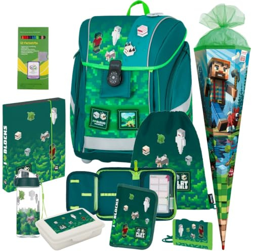 Pridera Playworld Gaming Pixel Premium Oxb Light Schulranzen-Set mit Brotdose, Trinkflasche, Heftbox, Brustbeutel (9tlg. mit Schultüte und Buntstifte)