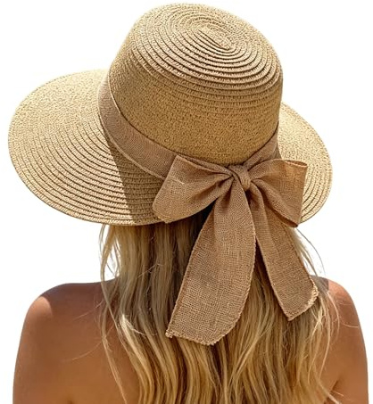 OPLERT Chapeau de Paille Femme avec Nœud, Chapeau de Soleil Bord Large (10,5cm) Réglable (56-58cm) Pliable pour Plage