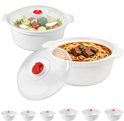 CEWROM 6 tlgs Mikrowellengeschirr mit Deckel Kunststoff Set, 900-1600ml Runde Mikrowellen Geschirr Set mit Dampfventil, BPA-Freie, Gefrierschrank- & Spülmaschinenfest zum Aufwärmen in Mikrowelle