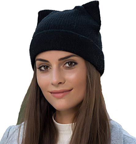 Damen-Mütze mit Katzenohren, Wolle, geflochten, Strick, trendig, Winter, warm, Dunkles Schwarz, 0-1