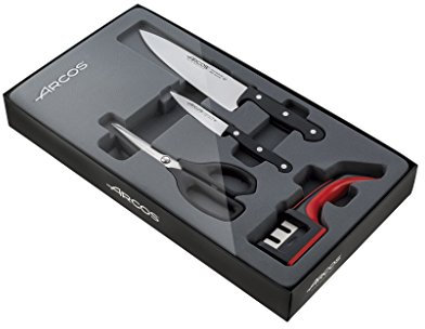 Arcos Serie Universal - Juego de Cocina 4 piezas (Tijeras + Cuchillo Verduras + Cuchillo Chef + Afilador)