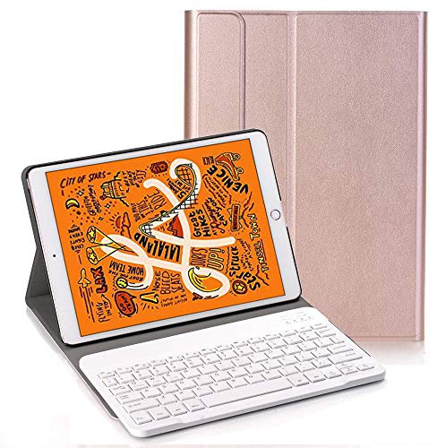 RLTech Custodia Tastiera per iPad Mini 2019 - QWERTY Ultra Sottile PU Custodia con Supporto con Cover Tastiera Rimovibile Wireless Keyboard per iPad Mini 5 Gen 2019 7.9, Rosa Oro