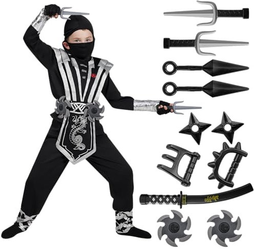 Spooktacular Creations Ensemble de costumes Silver Ninja Deluxe avec accessoires en mousse Ninja jouets pour enfants Kung Fu Outfit Halloween Ideas (Large (10-12 yr), silver)