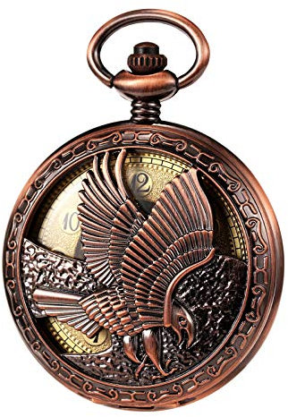 TREEWETO Herren Taschenuhr mit Kette, Retro Adler Analog Steampunk Skelett Uhr, Mechanisch Handaufzug Taschenuhren mit römischen Ziffern für Herren - Rote Bronze