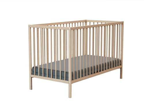 WEBABY - Babybett Holz 60x120cm Buche Natur ONE | 124 x 64,5 x 82 cm |Kinderbett | Von Geburt an | Schlafkomfort | Lattenrost | Bett mit Gitterstäben | Verstellbarer Lattenrost in 3 Höhen