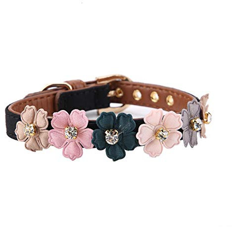 Pet Dog Diamond Blumenhalsband, verstellbare PU-Leder Dog Pet Collar Schnalle Halskette für Welpenhalsband Schmuck Zubehör(1.3 * 34cm-Schwarz)