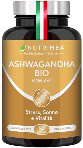 Ashwagandha Bio KSM-66 | Con il 5% di Witanolidi | 90 Capsule | Nutrimea | Ginseng Indiano da Withania somnifera | Ashwagandha Biologica Certificata | Alto Dosaggio