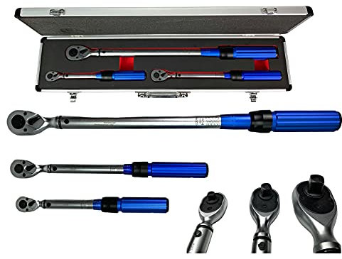 Kraftwelle Drehmomentschlüssel Set 3 teilig 1/4, 3/8, 1/2 Zoll 5-220 Nm im Alukoffer mit Schoneinlagen Umschaltknarre Werkzeug Set Ratsche Kfz Werkstatt Newtonmeter