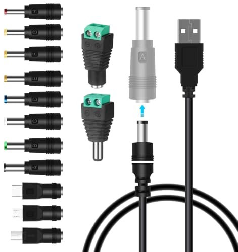 GUUZI Cable de Alimentación USB a CC, Cable de Carga de Enchufe Universal de 5V CC 5,5x2,1mm con 13 Piezas Conectores (6,4×4,4, 6,3×3,0, 5,5×2,5, 5,5×2,1, 5,5×1,7, 4,8×1,7, 4,0×1,7, 3,5×1,35)