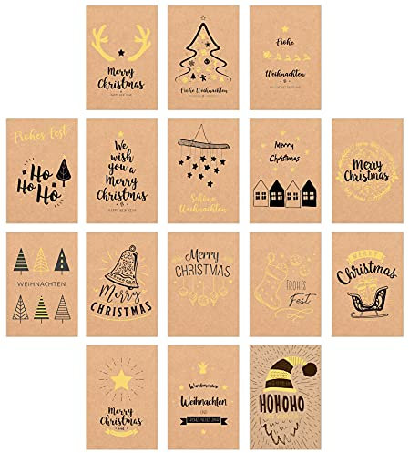 Edition Seidel Set 16 exklusive Premium Weihnachtskarten mit Briefumschlag gedruckt auf Kraftpapier (mit Goldprägung). Glückwunschkarte Weihnachten Karte Christmas Postkarte Weihnachtskarte