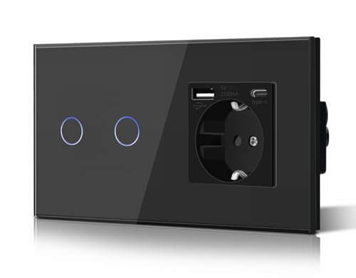 BSEED Lichtschalter mit Steckdose Unterputz 2 Fach 2 Weg Lichtschalter + 3 in 1 Steckdose mit 2.1 A USB Ladeleistung und Type C Adapter Aufladestation Verlängerungssteckdosen Glas 157mm Schwarz