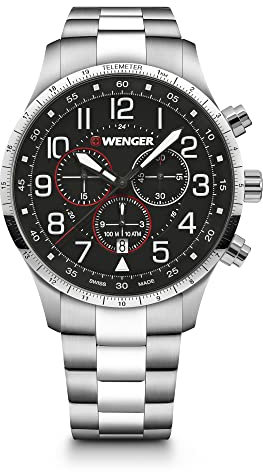 WENGER Herren Armbanduhr Attitude Chrono, Edelstahl-Armband, Analog Quarz, Wasserdicht bis 100m, Ø 42mm, Swiss Made, Silber/Schwarz, 01.1543.120
