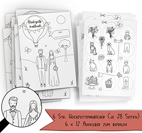 Schokoladenseite 6er Set: Hochzeitsmalbuch mit verschiedenen Brautpaar Designs und bemalbaren Aufklebern! 6 Malbücher für Kinder mit je 12 Aufkleber. (P+K, ohne Stifte)